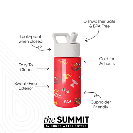 Simple Modern Summit 14-ounce water bottle in red with Lightning McQueen Cars graphics, white handle and cap. Features callouts highlighting leak-proof, dishwasher safe, keeps drinks cold 24 hours, and cupholder-friendly