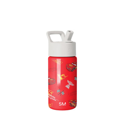 Red Simple Modern water bottle with white lid and handle, featuring Cars movie characters, racing graphics, checkered flags, and gold accents on a white background.