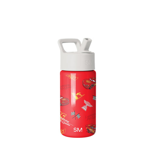 Red Simple Modern water bottle with white lid and handle, featuring Cars movie characters, racing graphics, checkered flags, and gold accents on a white background.