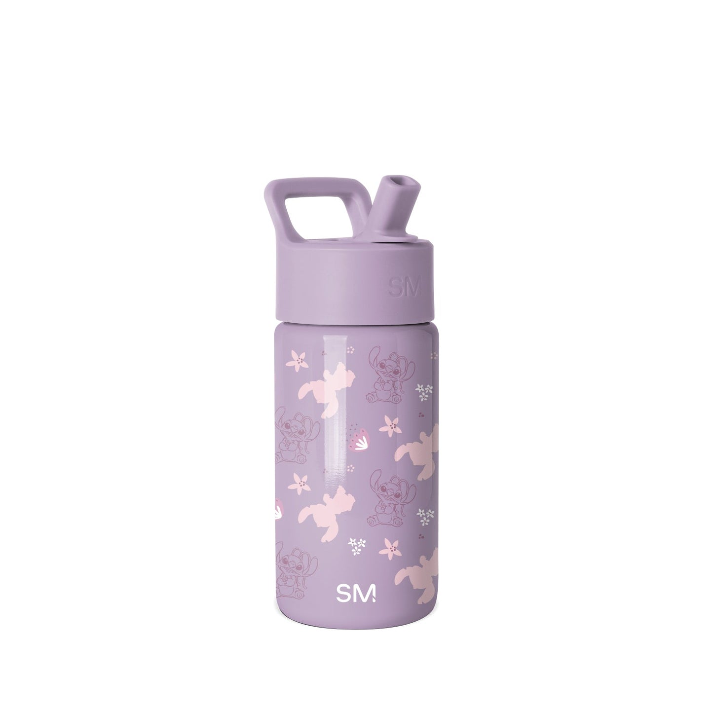 Lavender Simple Modern water bottle with pop-top cap, carry handle, and measurement window. Features teddy bears, stars, and snowflakes in outline style. Youth-sized bottle with SM logo branding.