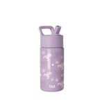 Lavender Simple Modern water bottle with pop-top cap, carry handle, and measurement window. Features teddy bears, stars, and snowflakes in outline style. Youth-sized bottle with SM logo branding.