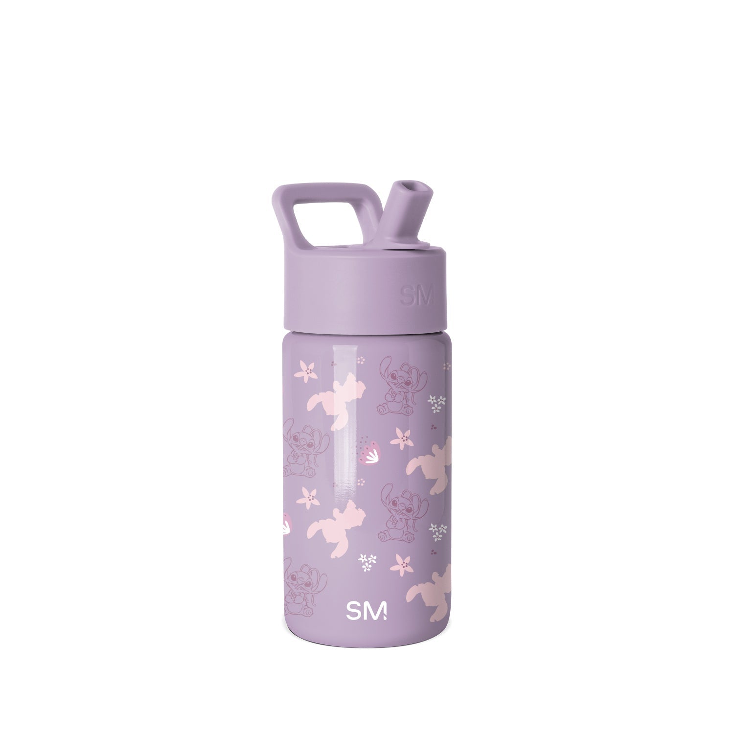 Lavender Simple Modern water bottle with pop-top cap, carry handle, and measurement window. Features teddy bears, stars, and snowflakes in outline style. Youth-sized bottle with SM logo branding.
