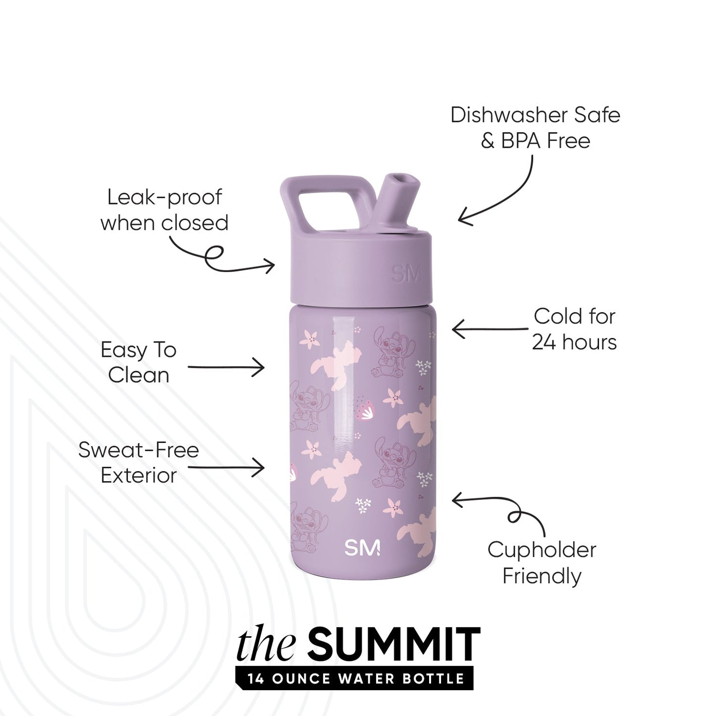 Simple Modern Summit 14-ounce water bottle in lavender with unicorn, star, and snowflake pattern. Features leak-proof design, cold for 24 hours, dishwasher safe, sweat-free exterior, and cupholder friendly.