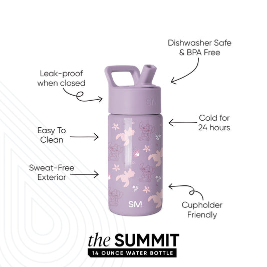 Simple Modern Summit 14-ounce water bottle in lavender with unicorn, star, and snowflake pattern. Features leak-proof design, cold for 24 hours, dishwasher safe, sweat-free exterior, and cupholder friendly.