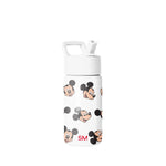 Simple Modern white water bottle with Mickey Mouse character faces in peach, black, and gray, featuring a carrying handle and straw lid, SM logo on lower body.