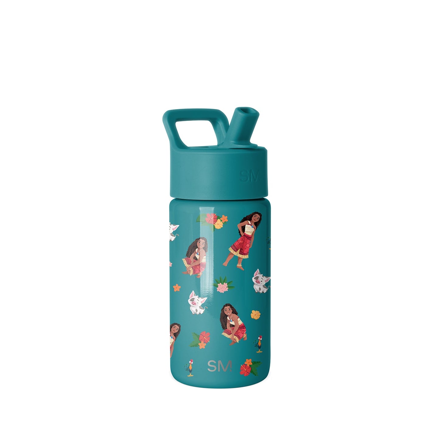 Teal Simple Modern 14-ounce water bottle with illustrated pattern featuring diverse young characters in colorful clothing, white animals, and coral flowers. Includes carry handle and clear volume window.