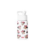 White Simple Modern water bottle with flip-top lid and carrying handle, decorated with repeating Minnie Mouse character faces featuring red bows with white polka dots, displayed on neutral background.