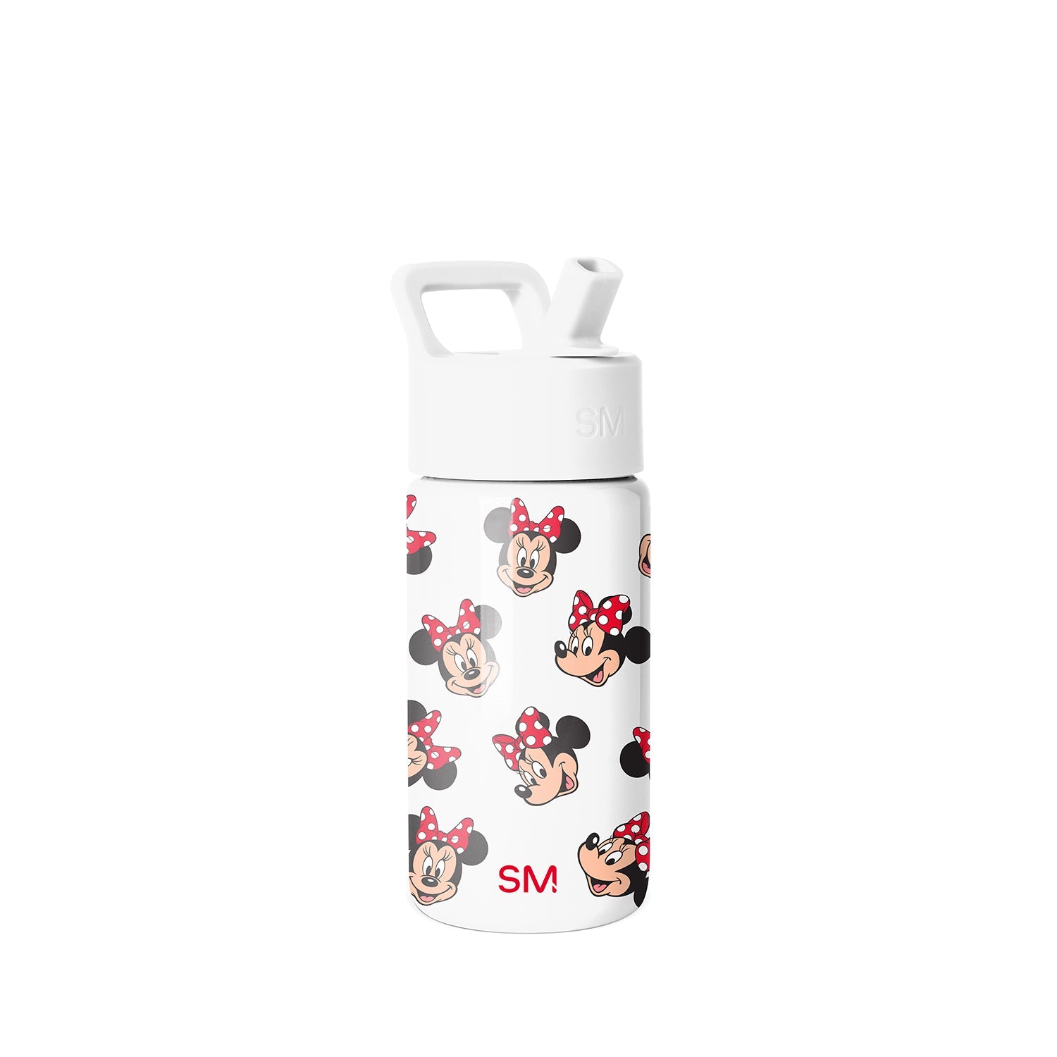 White Simple Modern water bottle with flip-top lid and carrying handle, decorated with repeating Minnie Mouse character faces featuring red bows with white polka dots, displayed on neutral background.