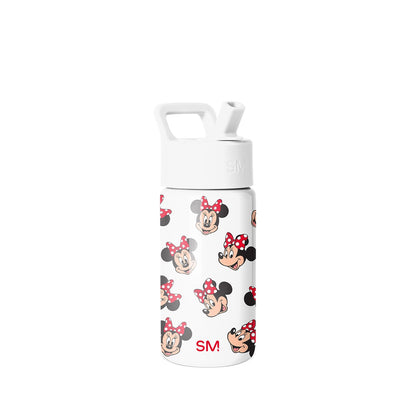 White Simple Modern water bottle with flip-top lid and carrying handle, decorated with repeating Minnie Mouse character faces featuring red bows with white polka dots, displayed on neutral background.