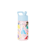 Light blue and pink Disney Princess water bottle with colorful illustrations of Snow White, Cinderella, Jasmine, and Ariel, featuring rainbows, stars, and flowers. Includes easy-grip handle and SM logo.