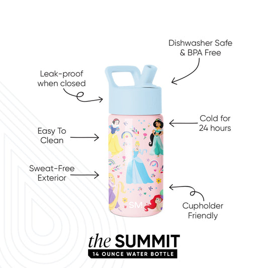 Simple Modern Summit 14 ounce water bottle with light blue cap and pale pink body featuring Disney princess characters. Features include dishwasher safe, leak-proof, easy to clean, sweat-free exterior, keeps drinks cold 24