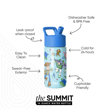 Simple Modern SUMMIT 14-ounce water bottle with mint blue body and cobalt lid featuring Toy Story characters. Features labeled: leak-proof, dishwasher safe, BPA-free, keeps drinks cold 24 hours, sweat-free exterior, and