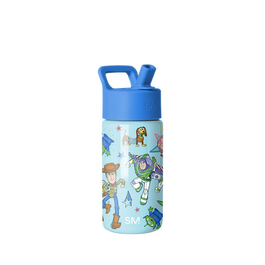 Light blue Simple Modern water bottle with royal blue flip-top lid and handle, featuring Toy Story characters including Buzz Lightyear and Woody in an all-over colorful print design on white background.
