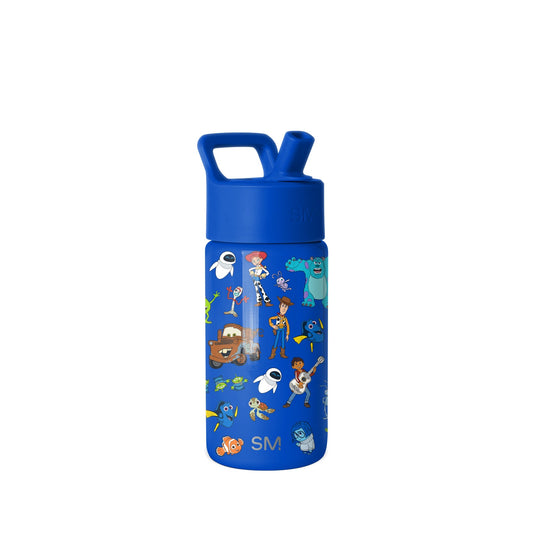 Blue Simple Modern water bottle with Pixar character print featuring Woody, Wall-E, Sulley, Nemo, and Merida. Includes flip-top lid and carry handle. Shown against white background.