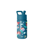 Teal children's water bottle with flip-top straw lid featuring illustrated mermaids, jellyfish, seahorses, and coral in bright coral, pink, purple, and yellow accents on white background.