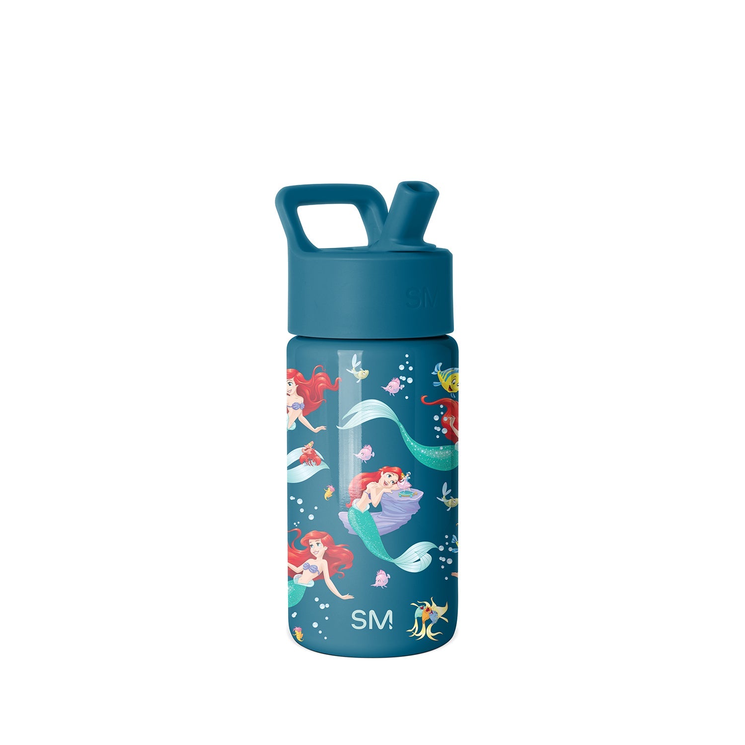 Teal children's water bottle with flip-top straw lid featuring illustrated mermaids, jellyfish, seahorses, and coral in bright coral, pink, purple, and yellow accents on white background.