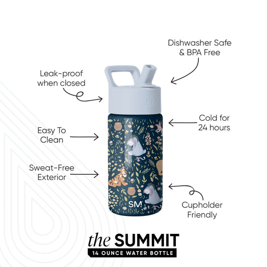 Simple Modern Summit 14 ounce water bottle with navy blue body, forest animal and botanical illustrations, light gray lid with handle. Features labeled: leak-proof, dishwasher safe, keeps drinks cold 24 hours, sweat-free