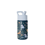 Simple Modern insulated water bottle with gray flip-straw lid and carry handle. Dark navy body features hand-drawn woodland animals, birds, and botanical illustrations in cream, tan, rust, and pink tones.