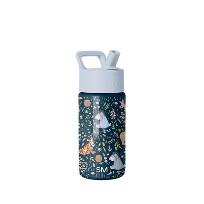 Simple Modern insulated water bottle with gray flip-straw lid and carry handle. Dark navy body features hand-drawn woodland animals, birds, and botanical illustrations in cream, tan, rust, and pink tones.
