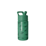 Sage green Simple Modern water bottle with forest green dinosaur silhouettes, clear viewing panel, carry handle, and flip-top spout on white background.