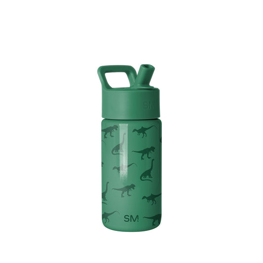 Sage green Simple Modern water bottle with forest green dinosaur silhouettes, clear viewing panel, carry handle, and flip-top spout on white background.