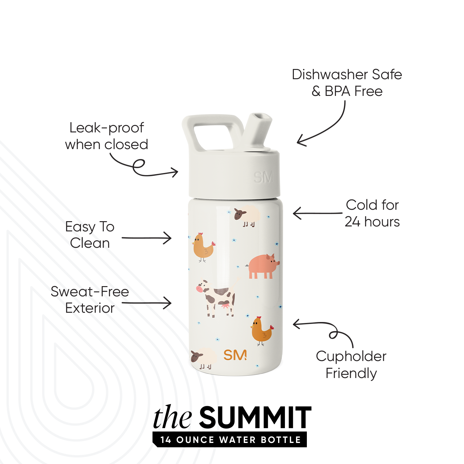Simple Modern Summit 14-ounce white water bottle with farm animal illustrations including a cow, chickens, and pig. Product features callouts highlight leak-proof, dishwasher safe, keeps drinks cold 24 hours, and sweat-free