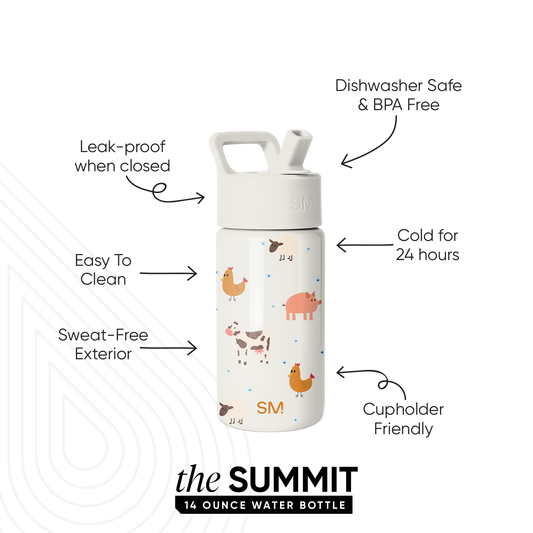 Simple Modern Summit 14-ounce white water bottle with farm animal illustrations including a cow, chickens, and pig. Product features callouts highlight leak-proof, dishwasher safe, keeps drinks cold 24 hours, and sweat-free