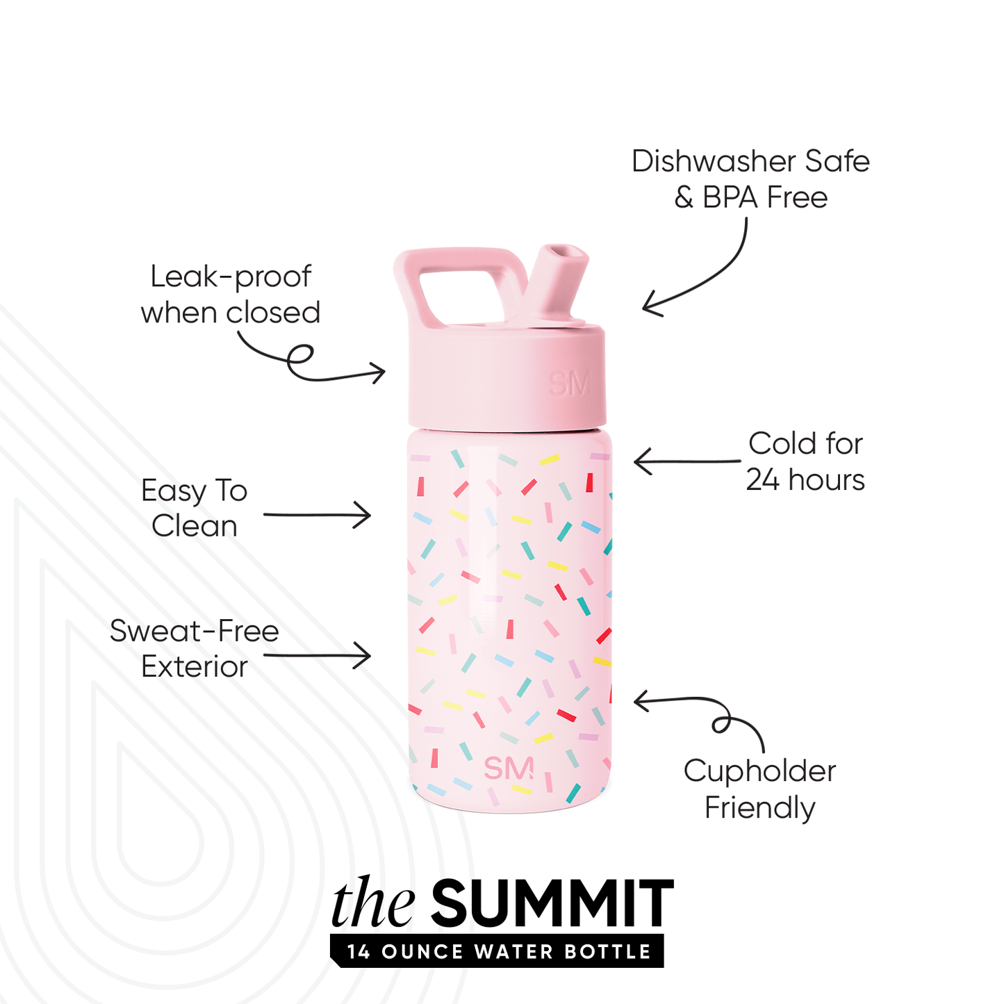 SM Summit 14 ounce water bottle in pale pink with colorful confetti pattern. Features leak-proof cap, dishwasher safe design, keeps drinks cold 24 hours, and cupholder-friendly shape.