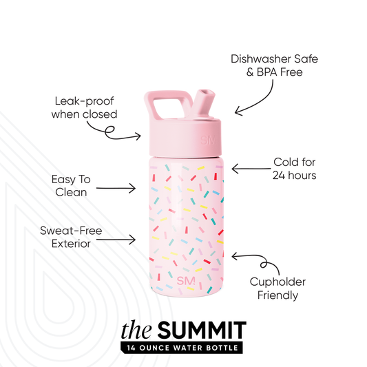 SM Summit 14 ounce water bottle in pale pink with colorful confetti pattern. Features leak-proof cap, dishwasher safe design, keeps drinks cold 24 hours, and cupholder-friendly shape.