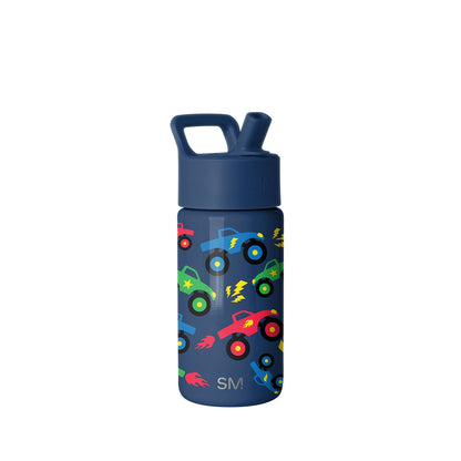 Navy blue Simple Modern water bottle with colorful cartoon vehicles, yellow lightning bolts, and stars. Features screw-top lid, carry handle, and straw. White background.