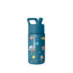 Teal water bottle with straw spout featuring cartoon astronauts, rockets, planets, and stars in orange and yellow space-themed graphics on white background.