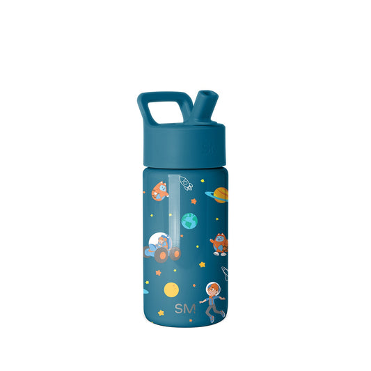 Teal water bottle with straw spout featuring cartoon astronauts, rockets, planets, and stars in orange and yellow space-themed graphics on white background.