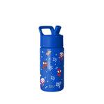 Royal blue 14-ounce Simple Modern water bottle with flip-top lid and carrying loop, decorated with playful red and pink spider characters, white webs, stars, and dots throughout the design.