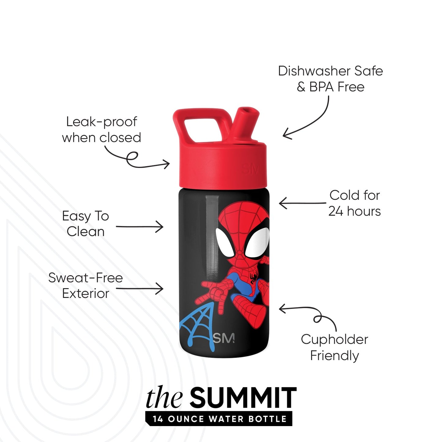 Red and black Simple Modern Summit 14 ounce water bottle with Spider-Man illustration, featuring a flip-top cap and product callouts highlighting leak-proof, dishwasher safe, cold for 24 hours, easy to clean, sweat-free, and