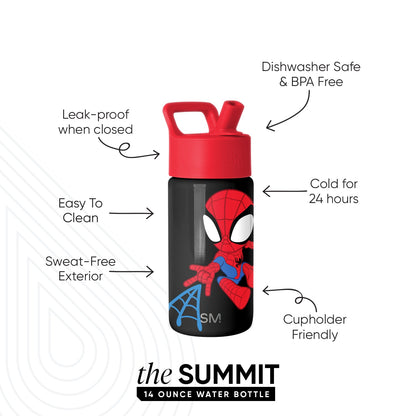 Red and black Simple Modern Summit 14 ounce water bottle with Spider-Man illustration, featuring a flip-top cap and product callouts highlighting leak-proof, dishwasher safe, cold for 24 hours, easy to clean, sweat-free, and