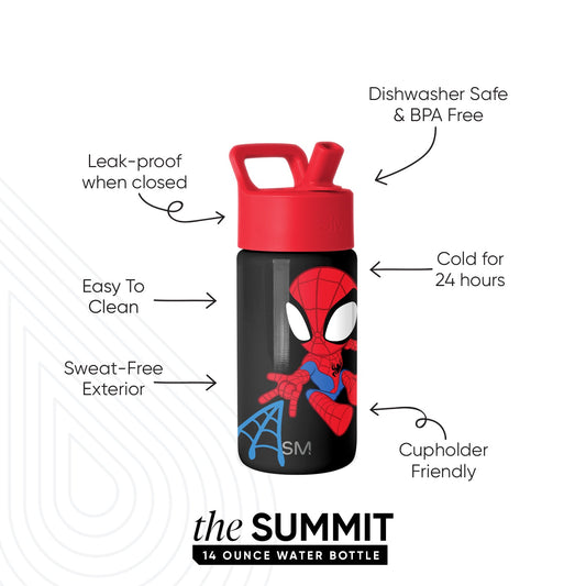 Red and black Simple Modern Summit 14 ounce water bottle with Spider-Man illustration, featuring a flip-top cap and product callouts highlighting leak-proof, dishwasher safe, cold for 24 hours, easy to clean, sweat-free, and