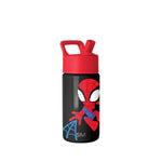 Red and black Simple Modern kids water bottle with Spider-Man graphic in dynamic action pose, featuring white eye details and blue web accents, flip-top lid, and carry handle on white background.