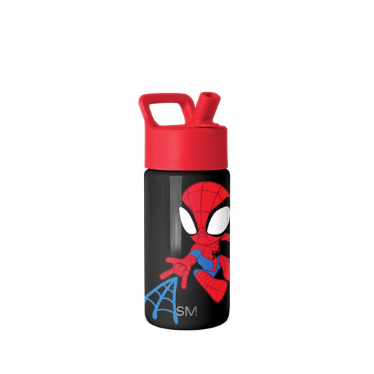 Red and black Simple Modern kids water bottle with Spider-Man graphic in dynamic action pose, featuring white eye details and blue web accents, flip-top lid, and carry handle on white background.