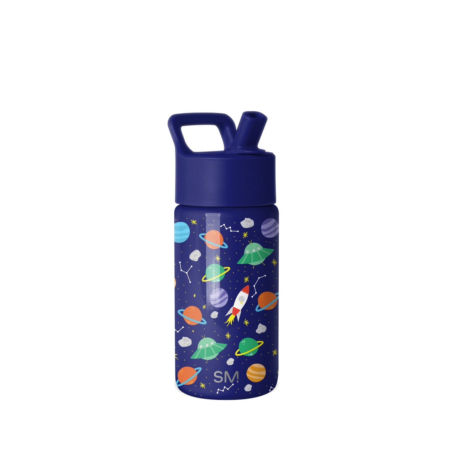 Navy blue children's water bottle with space-themed graphic design featuring colorful planets, red rocket, green UFOs, stars, and constellations. Pop-top spout and square handle. Simple Modern brand.