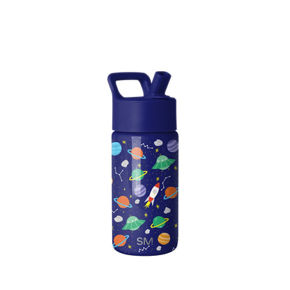 Navy blue children's water bottle with space-themed graphic design featuring colorful planets, red rocket, green UFOs, stars, and constellations. Pop-top spout and square handle. Simple Modern brand.