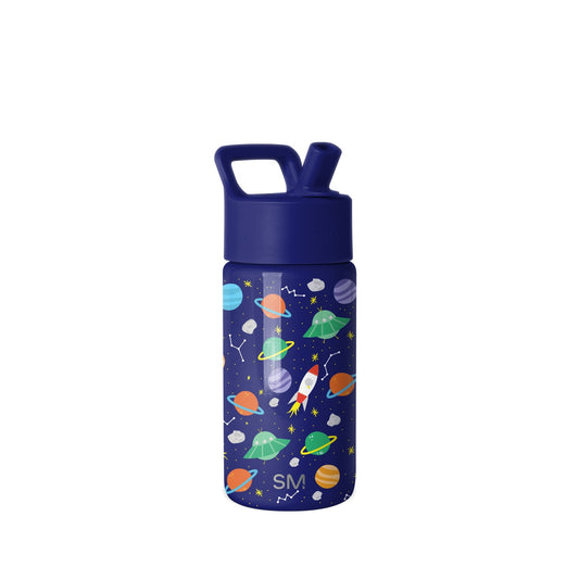 Navy blue children's water bottle with space-themed graphic design featuring colorful planets, red rocket, green UFOs, stars, and constellations. Pop-top spout and square handle. Simple Modern brand.