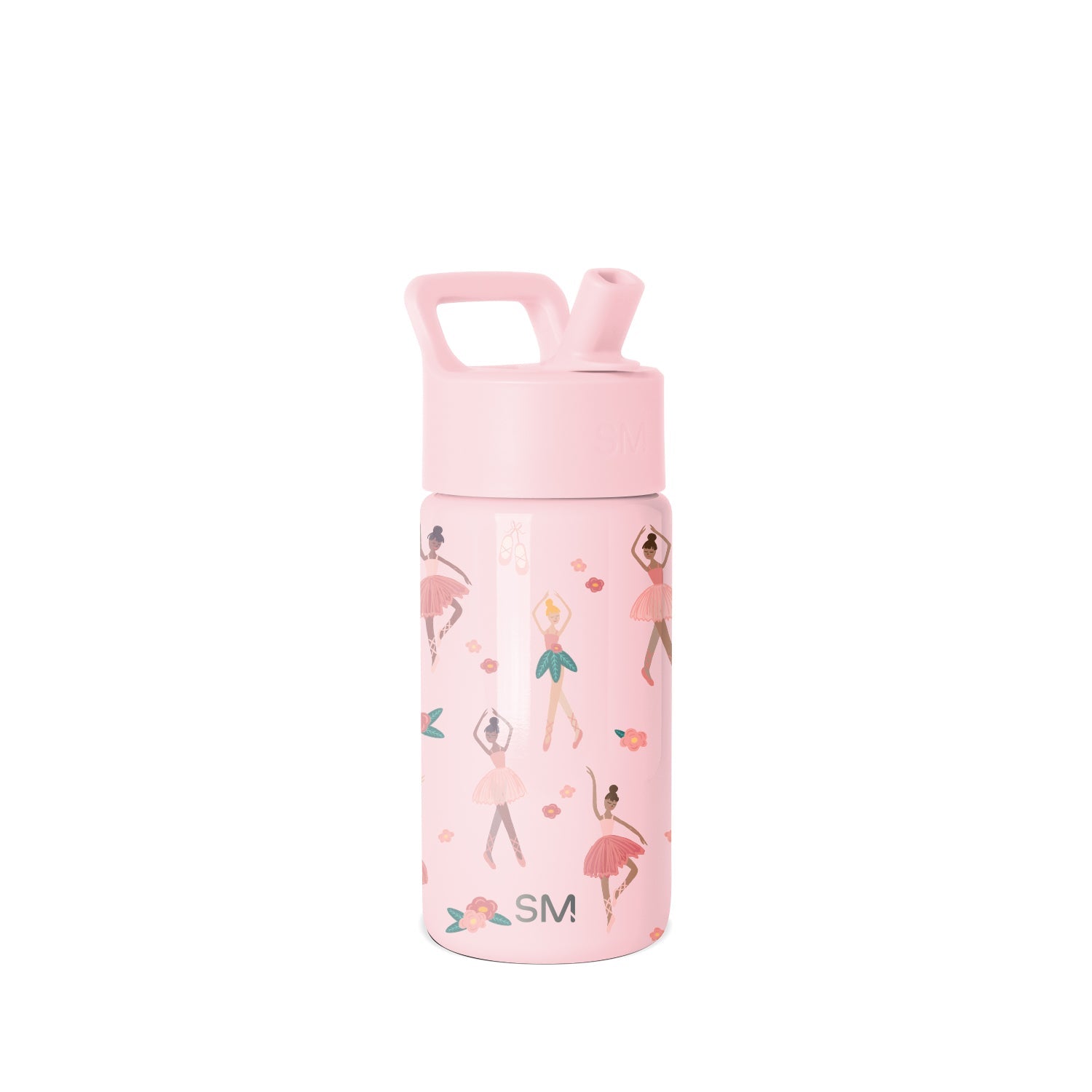 Pale pink Simple Modern insulated water bottle with pink handle and screw-cap lid featuring playful illustrations of dancing figures in colorful dresses and scattered floral motifs on a white background.