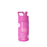 Hot pink Simple Modern water bottle with square carry handle and flip-top spout, featuring repeating white and semi-transparent smiley face pattern throughout the cylindrical body against white background.