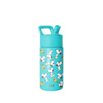 Turquoise Simple Modern water bottle with Snoopy and Woodstock Peanuts characters pattern, flip cap lid with square handle, against white background.