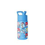 Blue Simple Modern water bottle with flip-top lid and carry handle, featuring colorful geometric graphic band with cartoon characters in triangular sections, capacity indicator visible, isolated on white background.