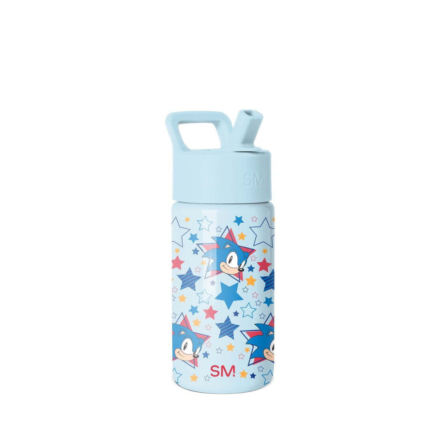 Simple Modern water bottle with pale blue lid and handle, white body featuring Sonic the Hedgehog character design in red, navy, gold, and coral accents, SM logo visible, studio product shot on white background.