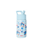Simple Modern water bottle with pale blue lid and handle, white body featuring Sonic the Hedgehog character design in red, navy, gold, and coral accents, SM logo visible, studio product shot on white background.