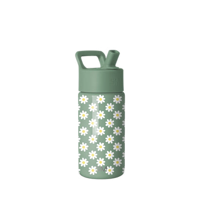 Sage green Simple Modern water bottle with white daisy flower pattern and yellow centers, featuring a flip-top spout with carry handle, isolated on white background.