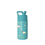 Teal Simple Modern water bottle with farm animal pattern featuring cream sheep, brown chickens, golden leaves, red berries, and SM logo. Turquoise cap with carrying handle and drinking spout. Studio product shot on white