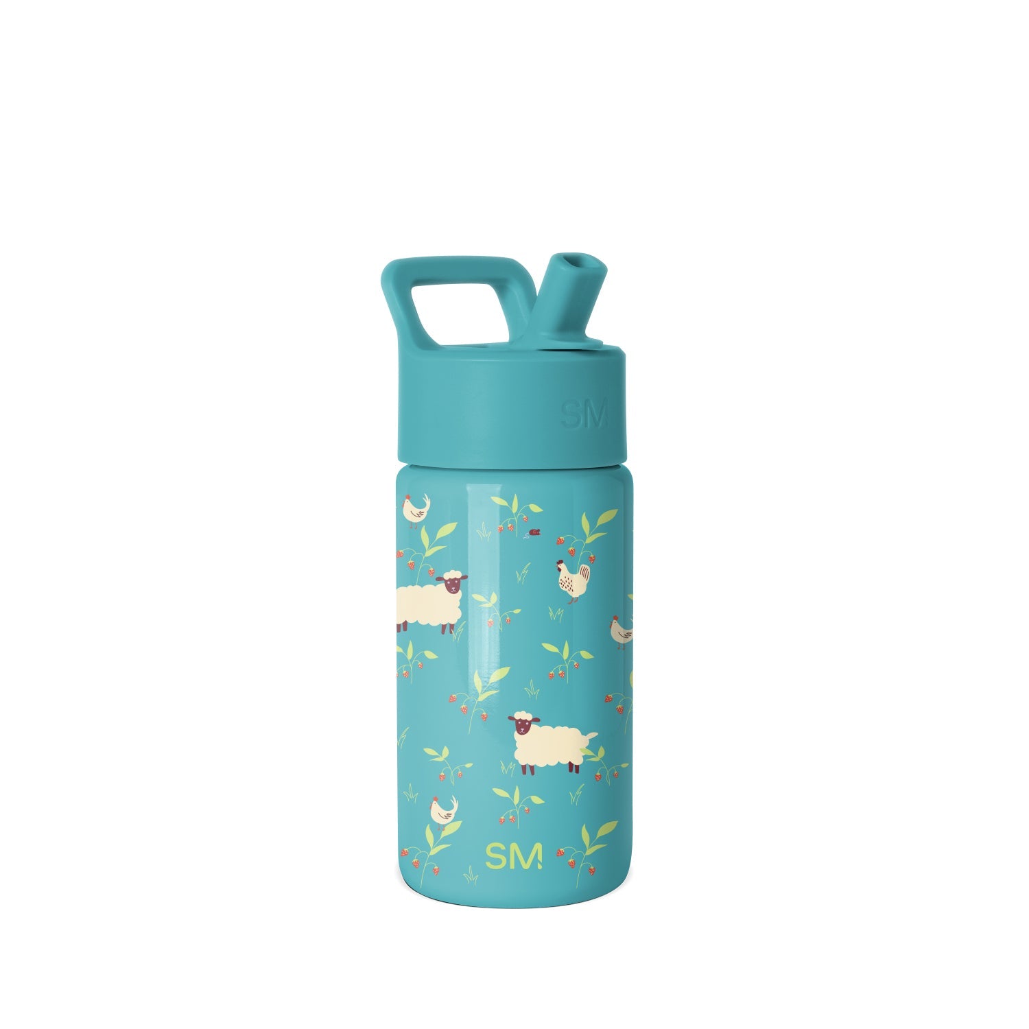 Teal Simple Modern water bottle with farm animal pattern featuring cream sheep, brown chickens, golden leaves, red berries, and SM logo. Turquoise cap with carrying handle and drinking spout. Studio product shot on white
